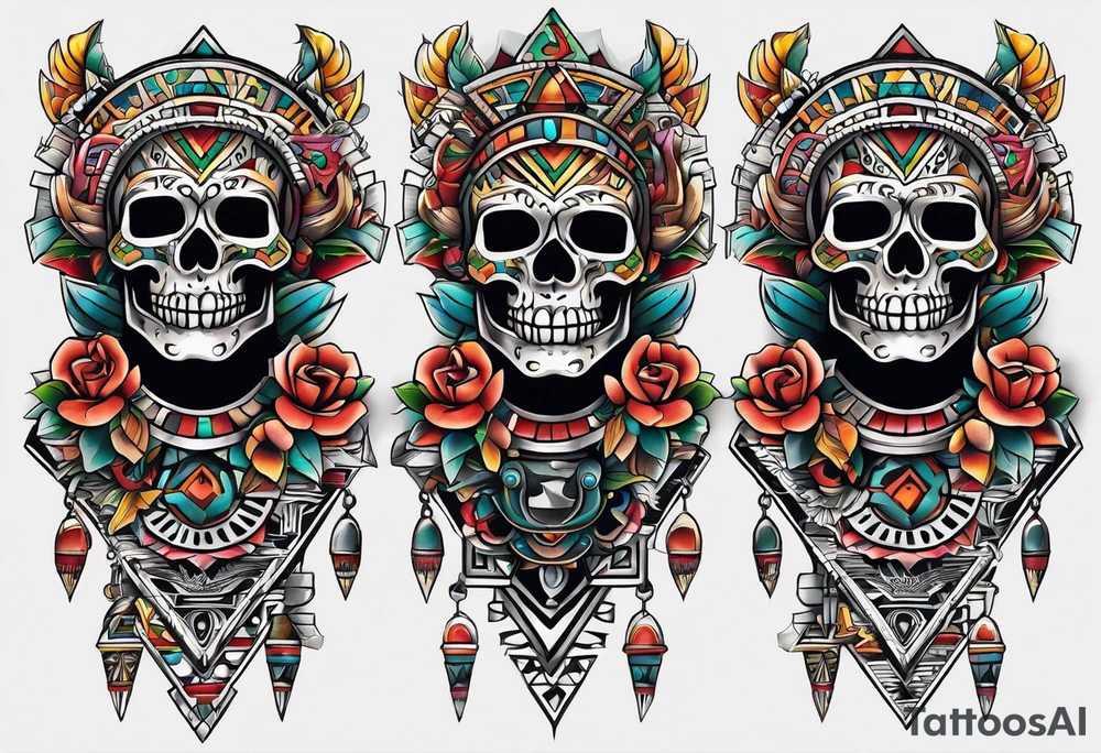 Knee tattoo with skulls and mayan symbols tattoo idea
