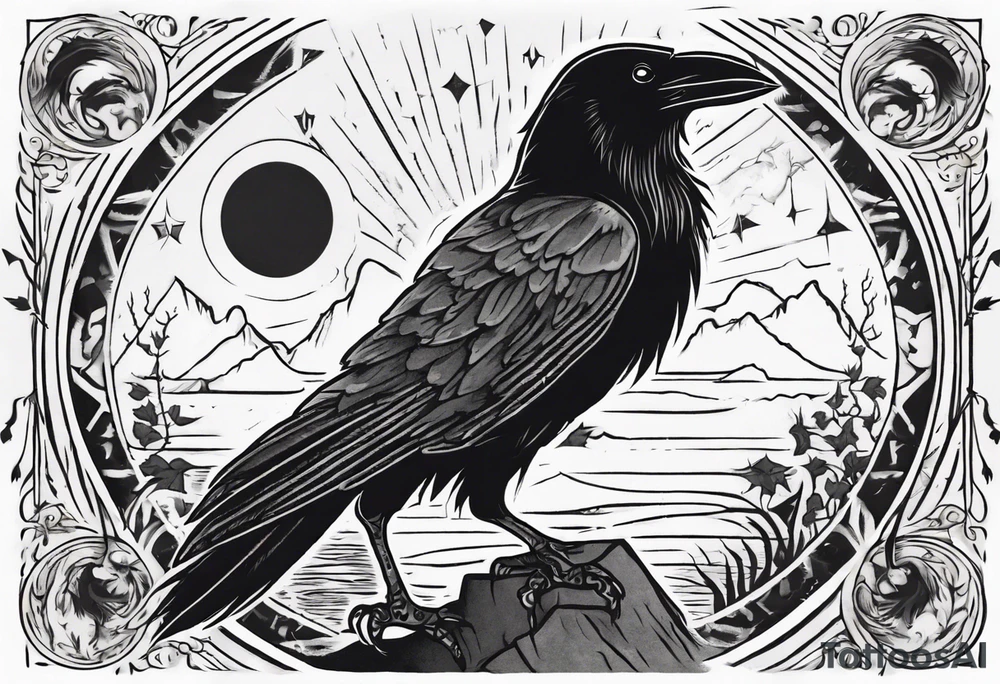 Cunning Raven with the Sun. Tarot card. tattoo idea