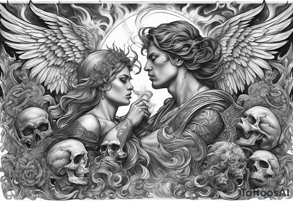 Angels fighting demons full sleeve with skulls and fire and smoke for filler tattoo idea