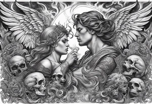 Angels fighting demons full sleeve with skulls and fire and smoke for filler tattoo idea