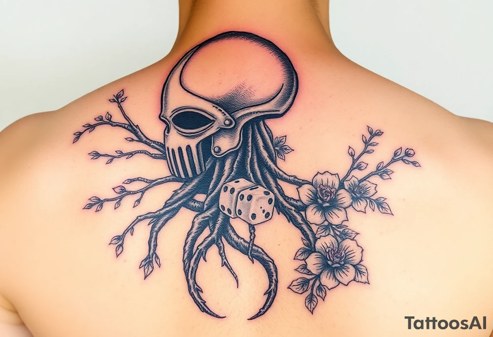 squid knight helmet combined with tree roots, cherry blossoms and roses rolling dice tattoo idea