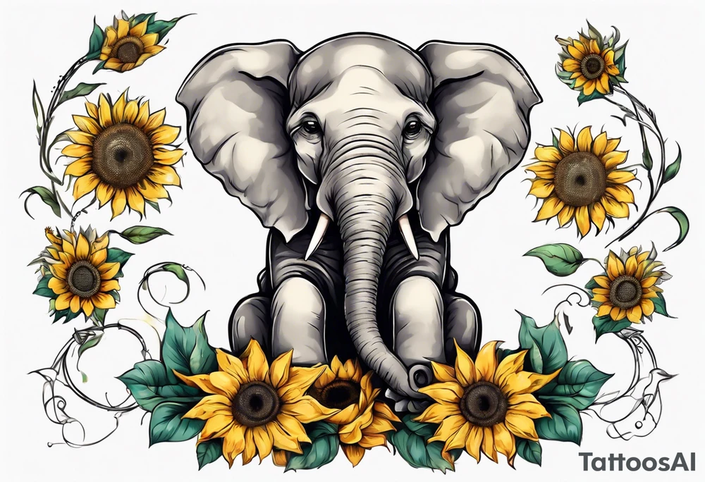 Sitting young elephant with trunk raised in air with sunflowers around it tattoo idea