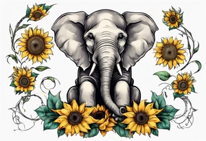 Sitting young elephant with trunk raised in air with sunflowers around it tattoo idea
