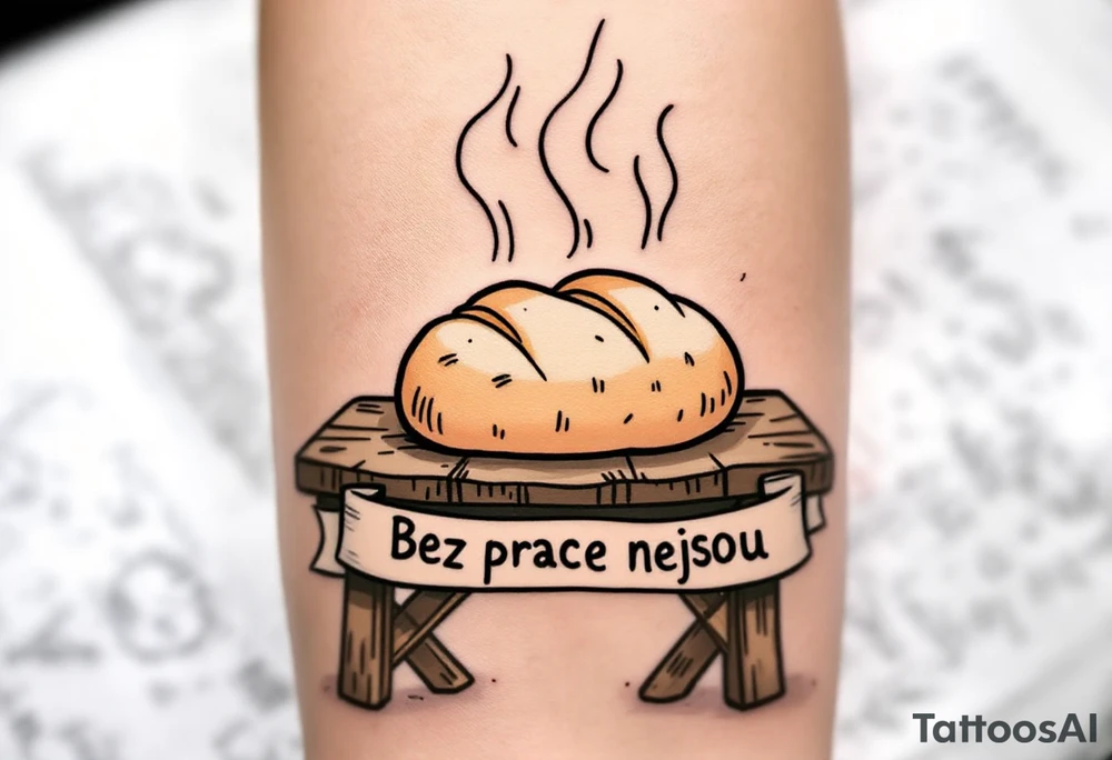 "Bez prace nejsou kolace." — A traditional loaf of bread steaming over a rustic table, inked in sepia tones, with the quote in banner style underneath. tattoo idea