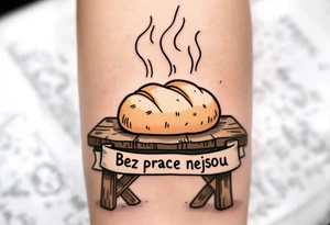 "Bez prace nejsou kolace." — A traditional loaf of bread steaming over a rustic table, inked in sepia tones, with the quote in banner style underneath. tattoo idea