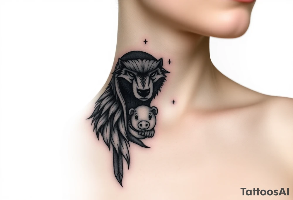 Big bad wolf nursery rhyme wearing a sheep costume with sheep head hood to kill and eat the three little pigs and little red riding hood tattoo idea