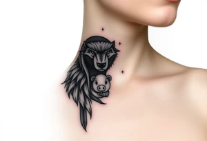 Big bad wolf nursery rhyme wearing a sheep costume with sheep head hood to kill and eat the three little pigs and little red riding hood tattoo idea