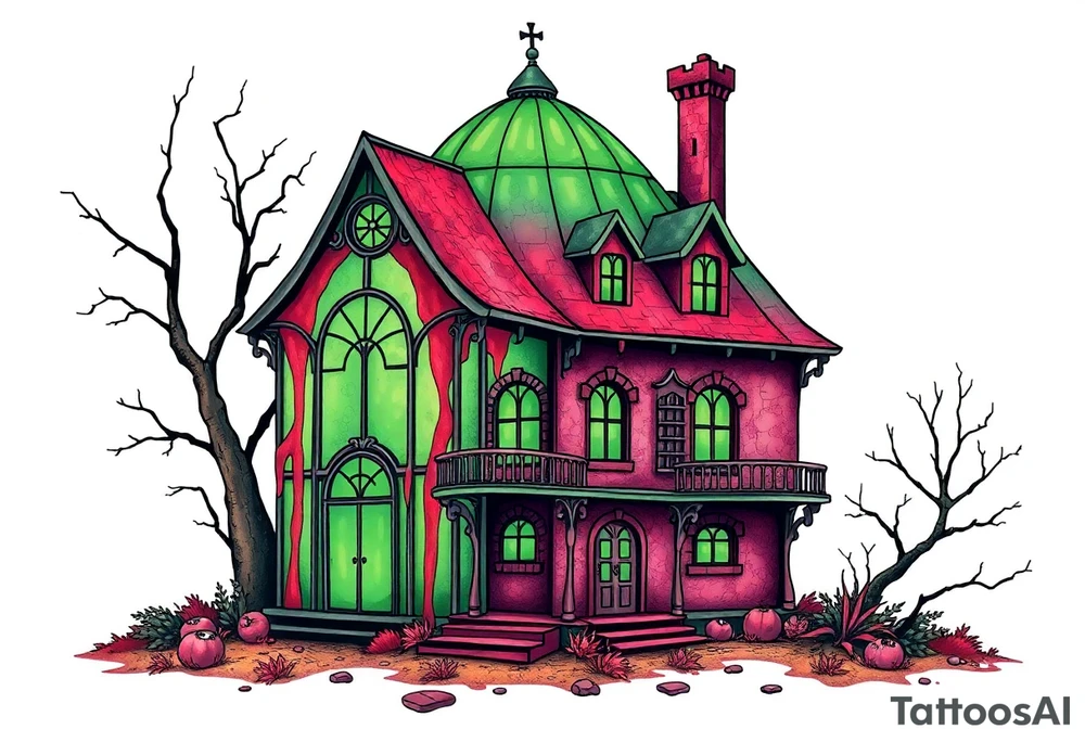 Tim Burton’s glass green house is abandoned and dripping with muted reds, dusty pinks, and eerie green glow. tattoo idea tattoo idea