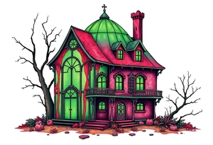 Tim Burton’s glass green house is abandoned and dripping with muted reds, dusty pinks, and eerie green glow. tattoo idea tattoo idea