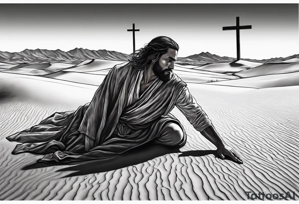 man crawling in a desert toward the cross of Christ tattoo idea
