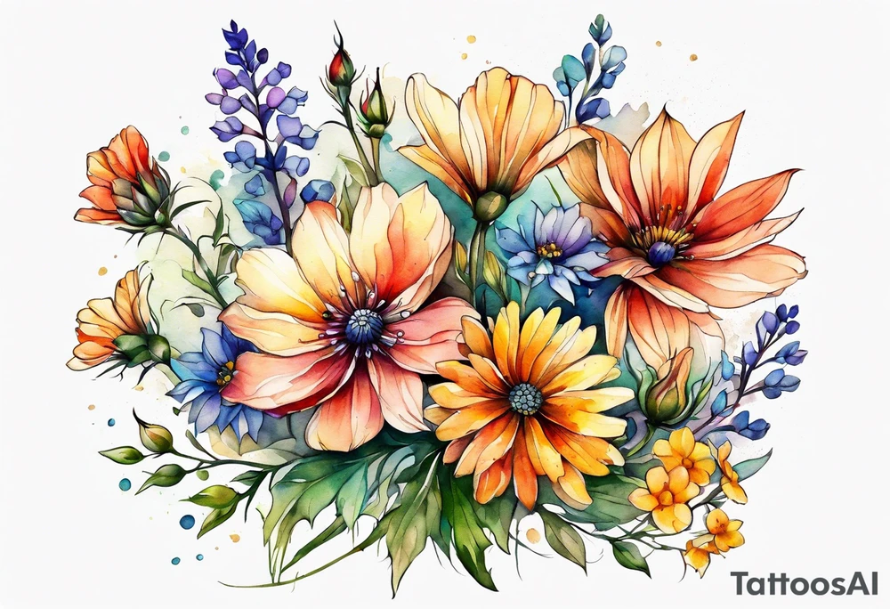 wild flowers long stems bouquet all watercolor tattoo idea