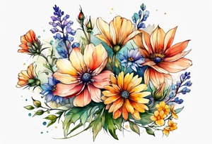 wild flowers long stems bouquet all watercolor tattoo idea