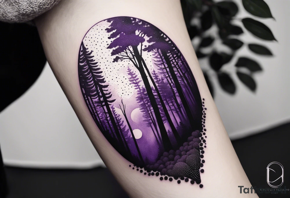 forest, lineswork, purple and black tattoo idea