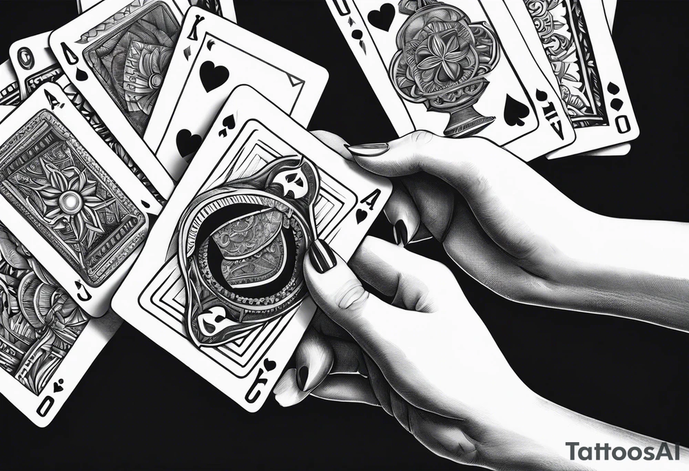 raised woman hand holding cards in front of her face, showing the cards to others tattoo idea