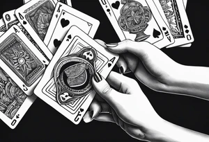 raised woman hand holding cards in front of her face, showing the cards to others tattoo idea