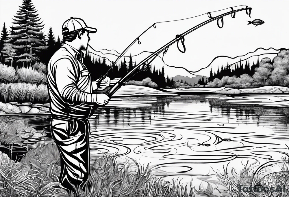 simple fishingrod with the line in water
do not generate a fish no fish skip fish tattoo idea