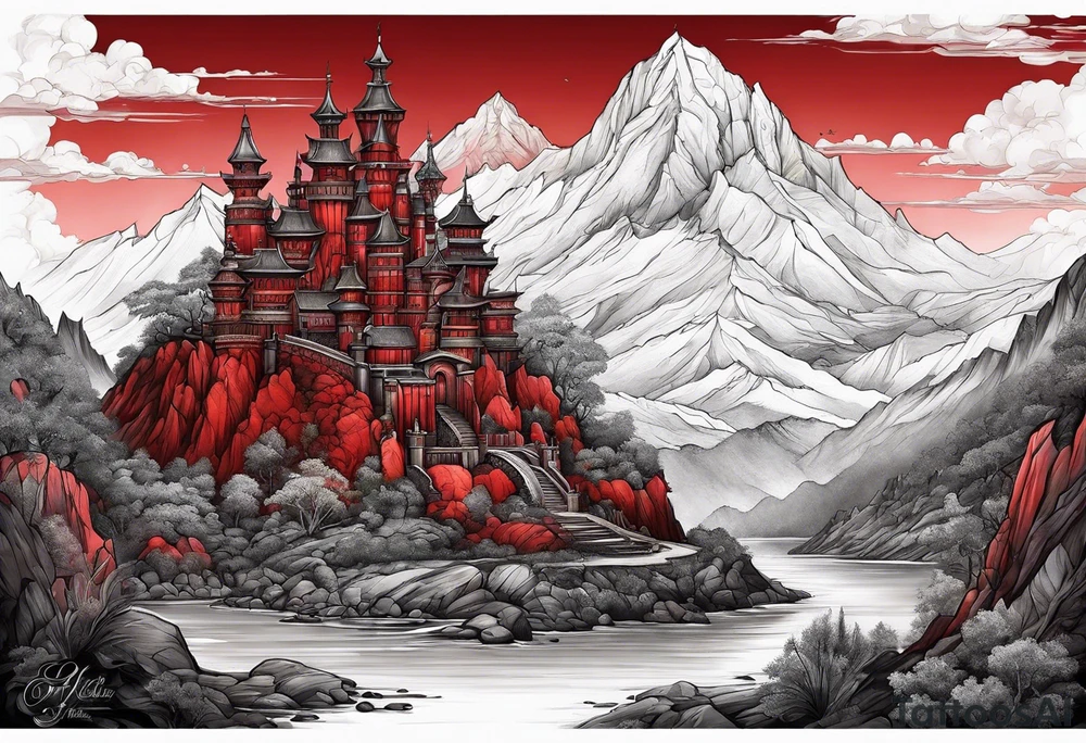 red mountains which there are two fantasies castles. tattoo idea