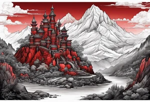 red mountains which there are two fantasies castles. tattoo idea