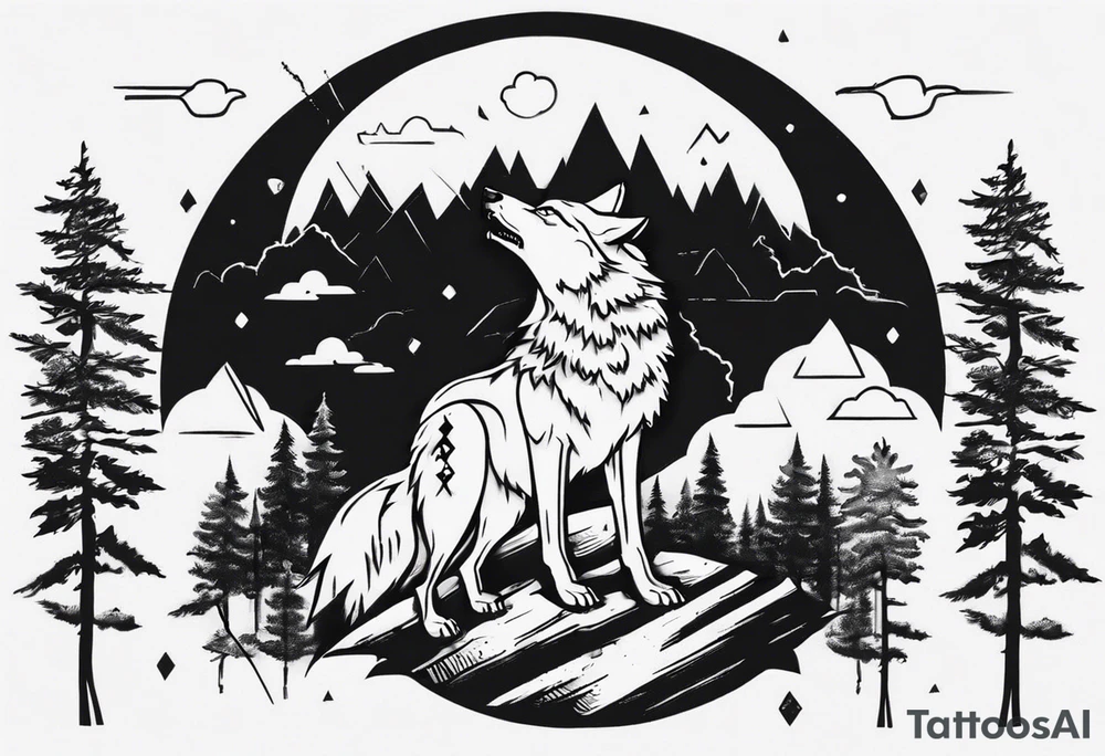 thunderstorm over a forest with a wolf howling on drums tattoo idea thunderstorm over a forest with a wolf howling on drums tattoo idea