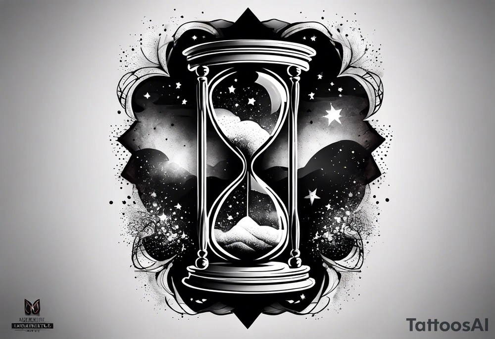 Hourglass with star stuff and cosmic dust exploding from the top and bottom of the hourglass. Long tattoo to fit on the forearm, mascuine tattoo idea