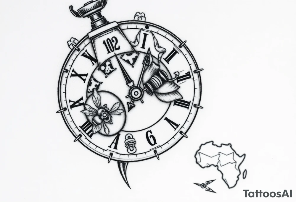 Imaginez une horloge affichant 6h40, avec des éléments symboliques autour on peut voir des éléments architecturaux de Rome, comme le Colisée, un gladiateur avec une abeille sur le bouclier Enfin, dans le coin inférieur de l'image une carte de la centre Afrique et la grenade  de la cavalerie tattoo idea