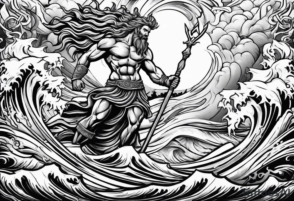 zeus lightning bolt crossed with poseidon trident with stormy waves in the background tattoo idea
