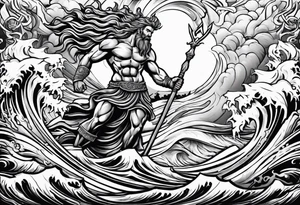 zeus lightning bolt crossed with poseidon trident with stormy waves in the background tattoo idea