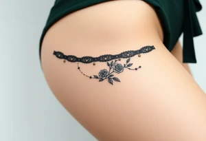 garter tattoo with dark forest green velvet, with baroque-inspired gold accents and tiny intricate roses tattoo idea