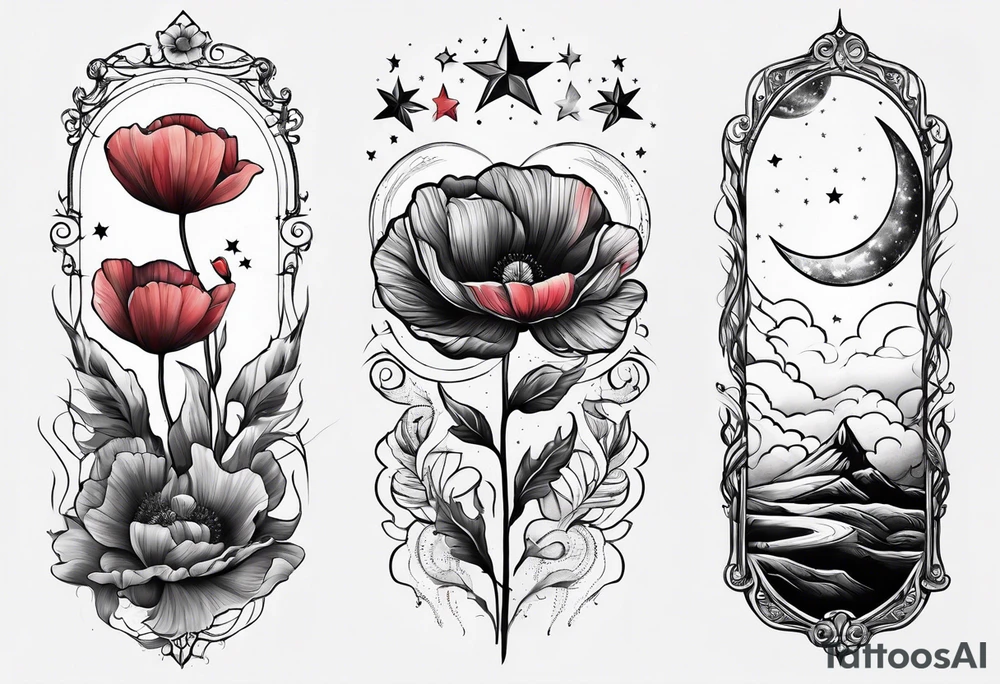 spine tattoo with stars, moon, clouds, poppy tattoo idea