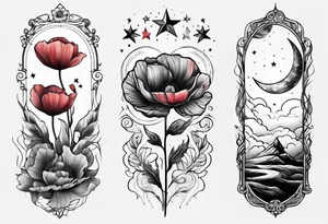 spine tattoo with stars, moon, clouds, poppy tattoo idea