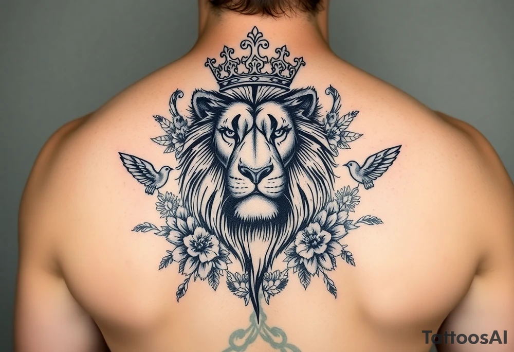 powerful majestic lion with a crown, surrounded by floral ornaments and birds tattoo idea