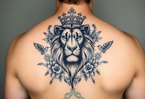 powerful majestic lion with a crown, surrounded by floral ornaments and birds tattoo idea