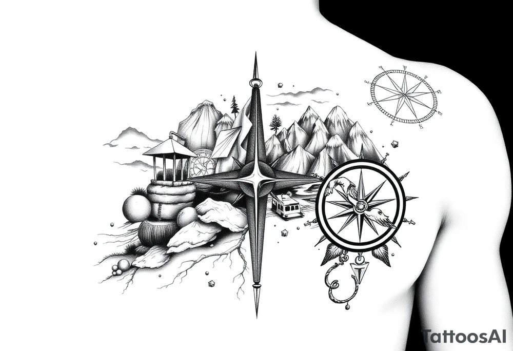 The tattoo should represent a journey from youthful enthusiasm to mature wisdom. On one side, depict the adventurous spirit of youth with imagery like rugged landscapes and exploration scenes. On the other side, reflect maturity and life experiences such as military service, career milestones, love, and family, using symbols like a graduation cap, military insignia, briefcase, wedding ring, and family.

Incorporate themes of continuous learning and self-discovery, with elements of self-love, familial bonds, community, and empathy. Contrast natural landscapes with man-made structures to symbolize the balance between nature and technology. The design should flow from left (youth) to right (maturity) and be rendered in black and white.

This will be on my right shoulder cap into my right pec. On my right pec I have an existing tattoo that is a compass with mountains in them. tattoo idea