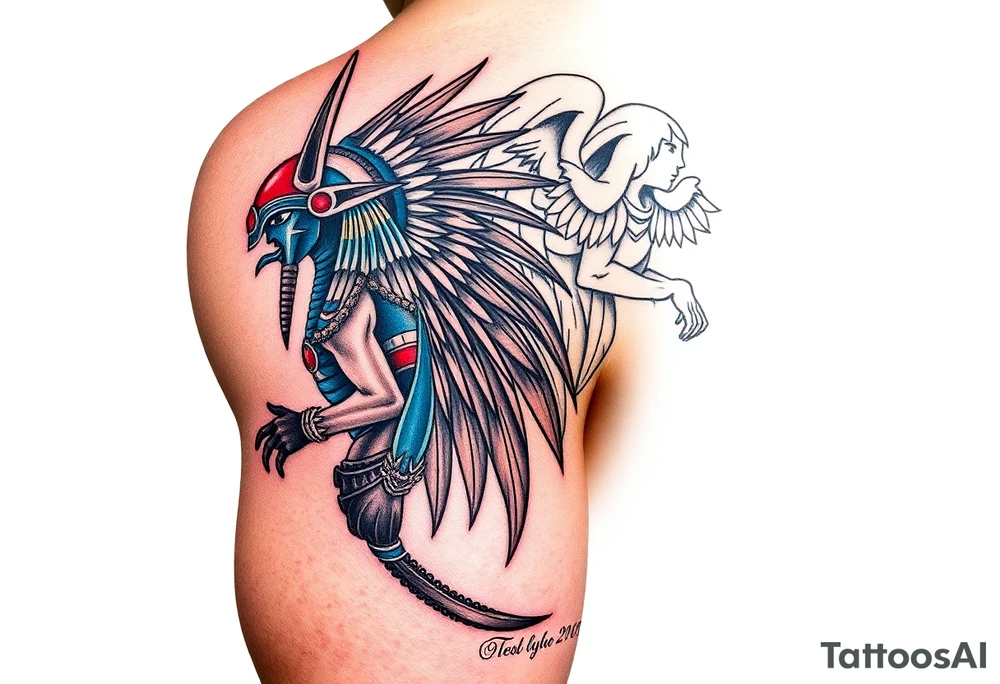 Anubis and a Guardian Angel Back to Back (only red , blue and black are possible colors) tattoo idea