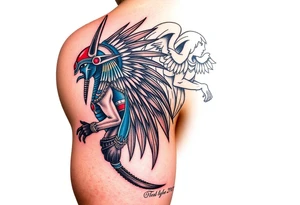 Anubis and a Guardian Angel Back to Back (only red , blue and black are possible colors) tattoo idea