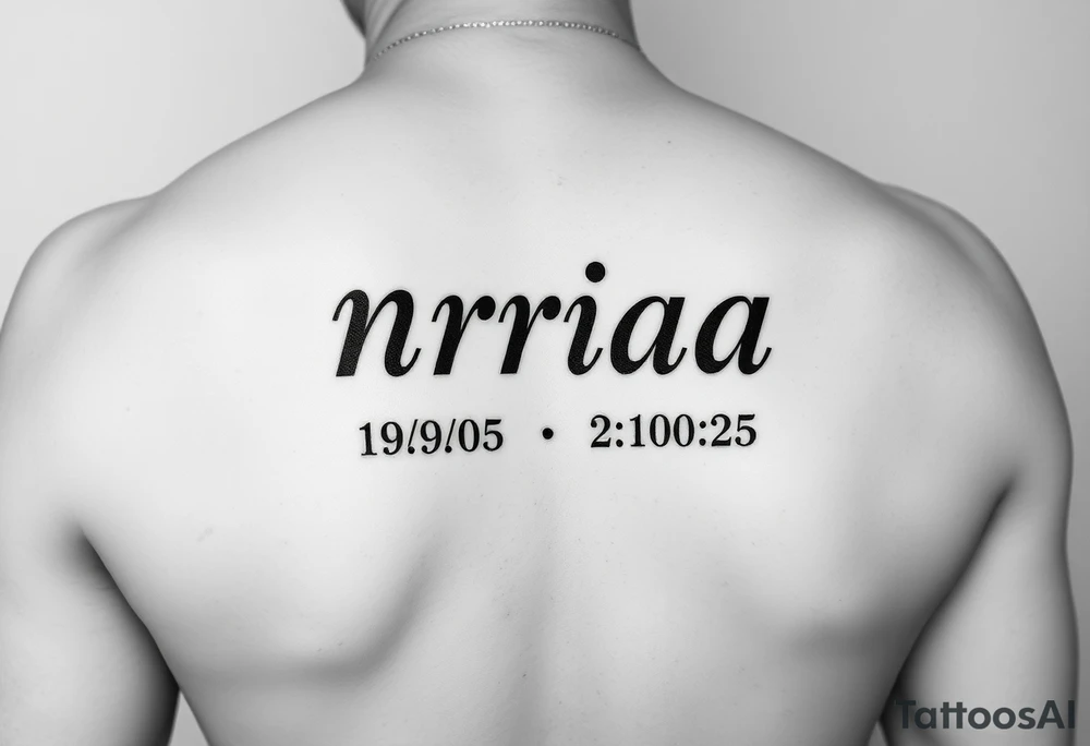 one tattoo with the name nriaa birthday 9/24/05 death date 2/10/25 black lining, less shade in including a halo on tattoo idea