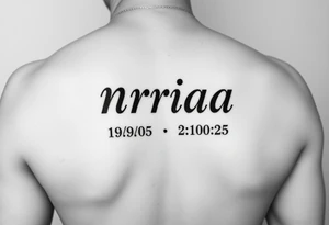 one tattoo with the name nriaa birthday 9/24/05 death date 2/10/25 black lining, less shade in including a halo on tattoo idea
