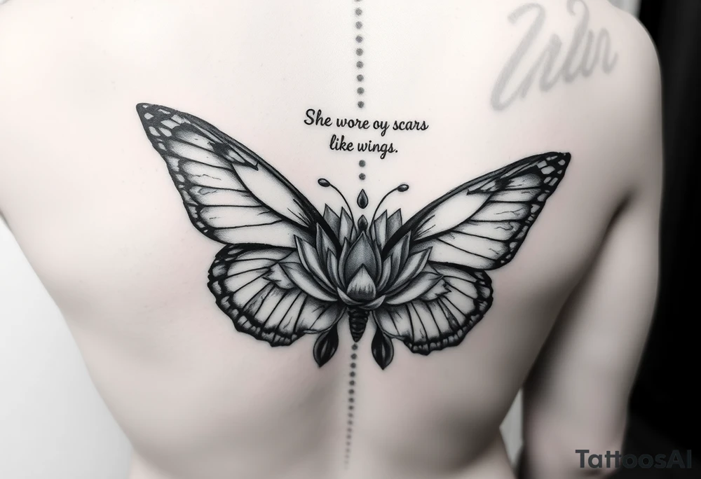 butterfly with cracked wings and lotus flower with quote that says “she wore her scars like wings” all down spine but very elegant tattoo idea