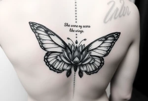 butterfly with cracked wings and lotus flower with quote that says “she wore her scars like wings” all down spine but very elegant tattoo idea