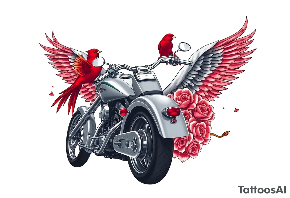 Harley grey motorcycle driving away, two red birds flying, roses, flames, angel wings tattoo idea