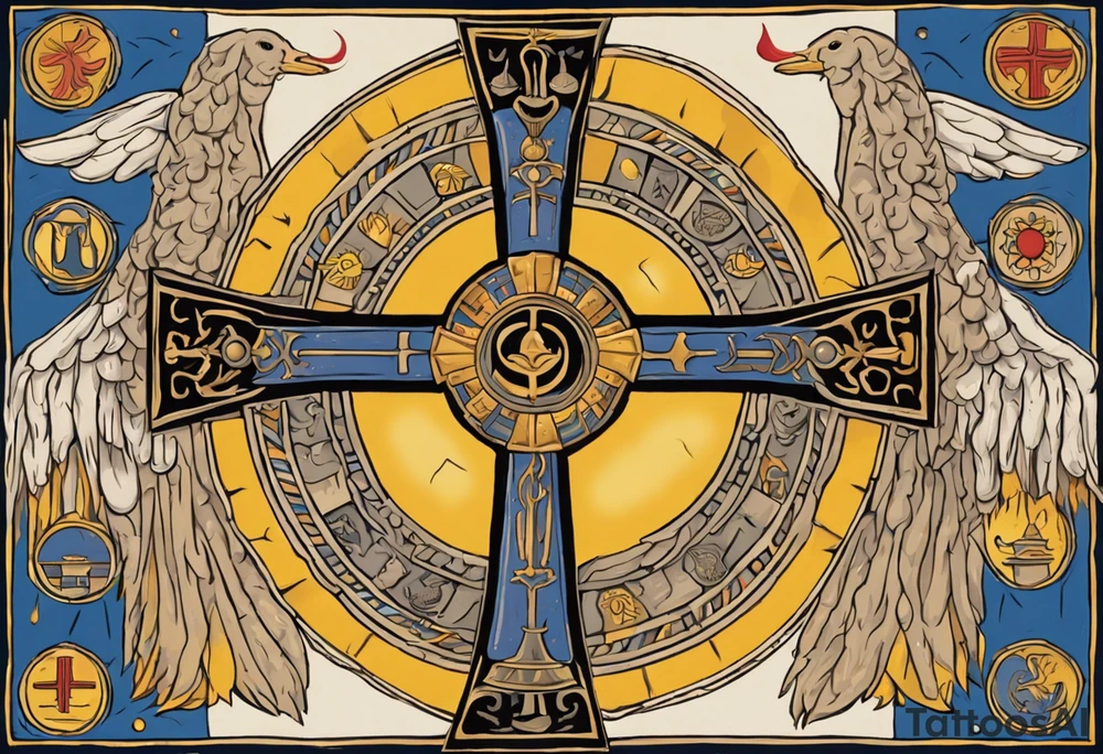 A medieval cross with an assyrian flag in the middle. A crown om top of the cross. The assyrian king Sennacherib. A sun and a moon. A cloud with rain and thunder. charizard. an imperfect cirkle. a candle. a swan. lemons. the god asshur with wings. an ankh. angel wings with a halo. surrounded by olive branches and feathers. tattoo idea