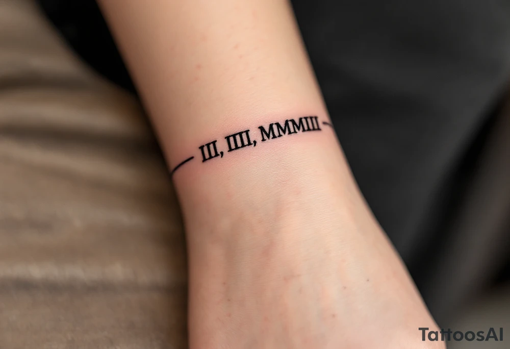 III.III.MMIII in black and crimson ink wrapped around the wrist like a bracelet, symbolizing triplets’ birthday. tattoo idea