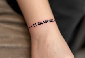 III.III.MMIII in black and crimson ink wrapped around the wrist like a bracelet, symbolizing triplets’ birthday. tattoo idea
