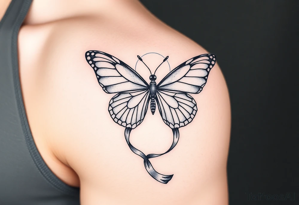 ethereal butterfly with flowing silk ribbons in moonlight tattoo idea