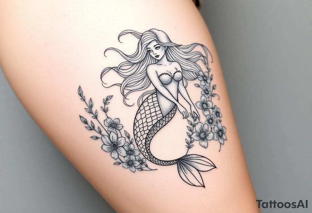 ethereal mermaid with flowing hair among coral and sea flowers tattoo idea