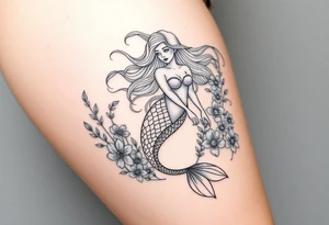 ethereal mermaid with flowing hair among coral and sea flowers tattoo idea