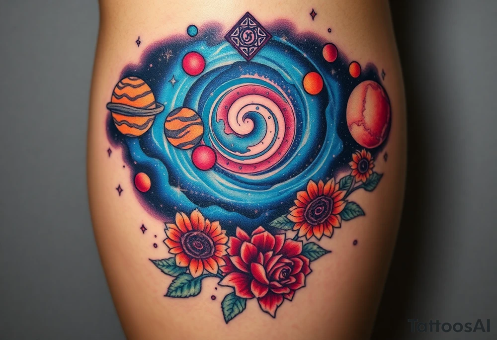 Milky way galaxy .. planets with zodiac symbols and protection runes with red roses and sunflowers tattoo idea