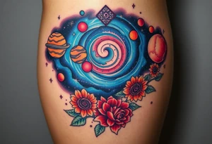 Milky way galaxy .. planets with zodiac symbols and protection runes with red roses and sunflowers tattoo idea