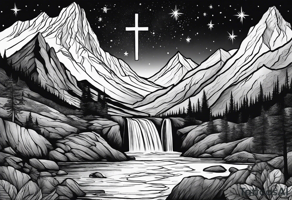 mountains, nature, stars, cross, waterfall, water tattoo idea