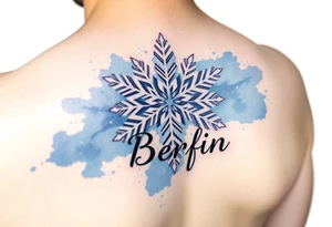 A white snowflake on Blue watercolor backround and the name „Berfin“ in it tattoo idea